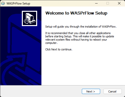 WASPrFlow setup wizard welcome screen