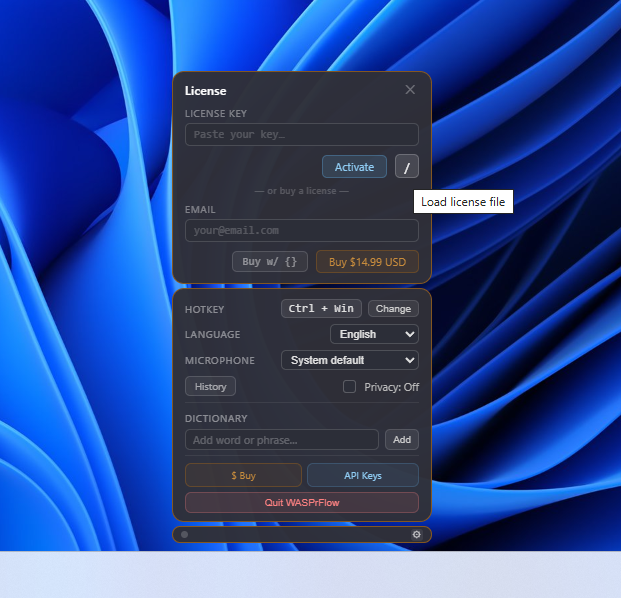 License panel with activate and buy options
