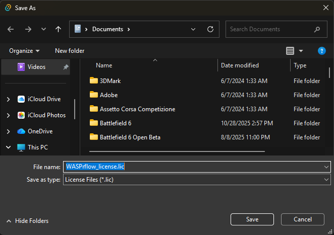 Save As dialog for license backup file