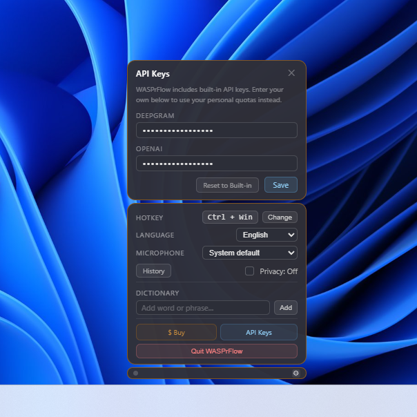 API Keys panel for Deepgram and OpenAI